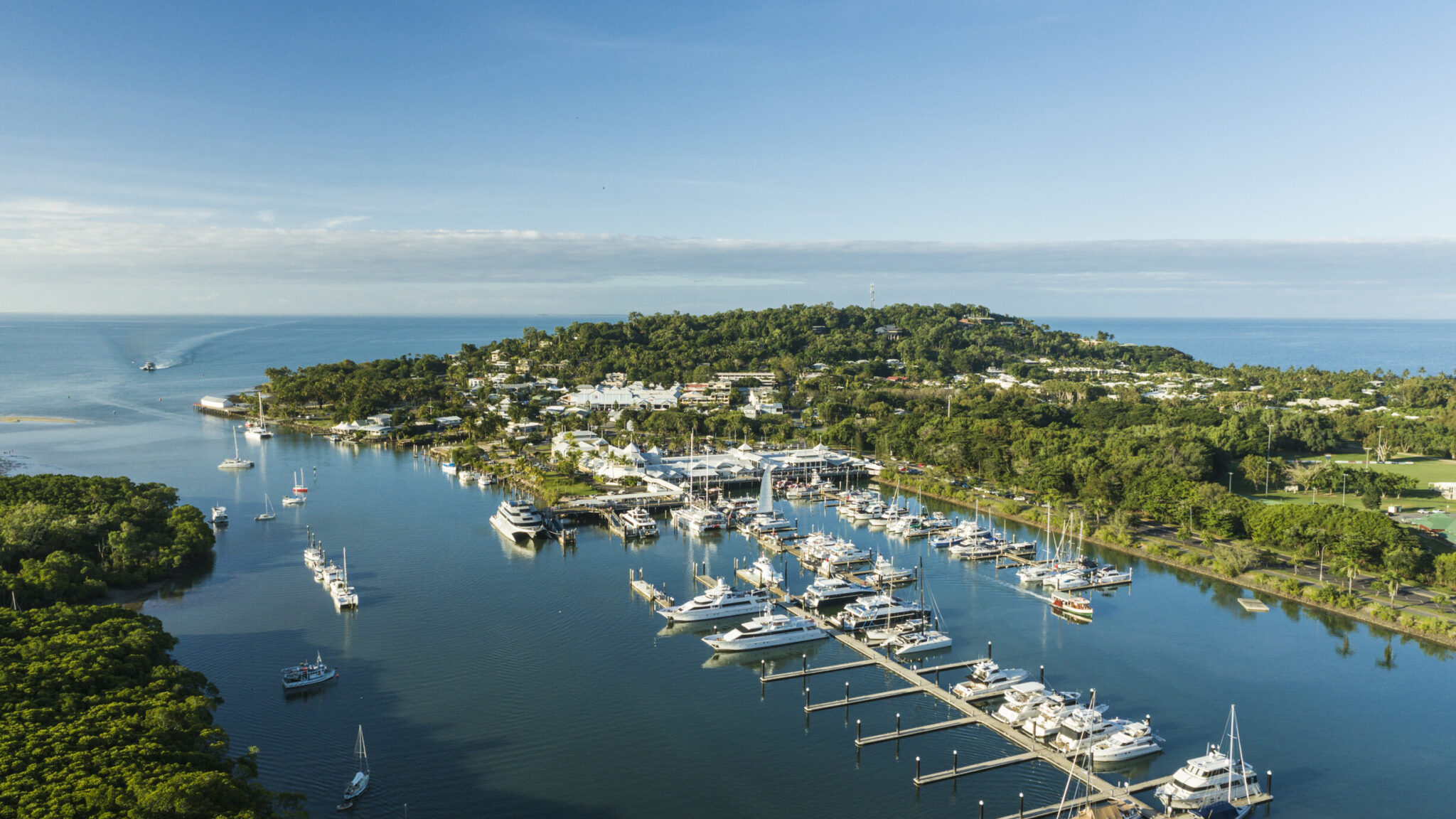 Aerial view of the Crystalbrook Superyacht Marina at Port Douglas, Australia.