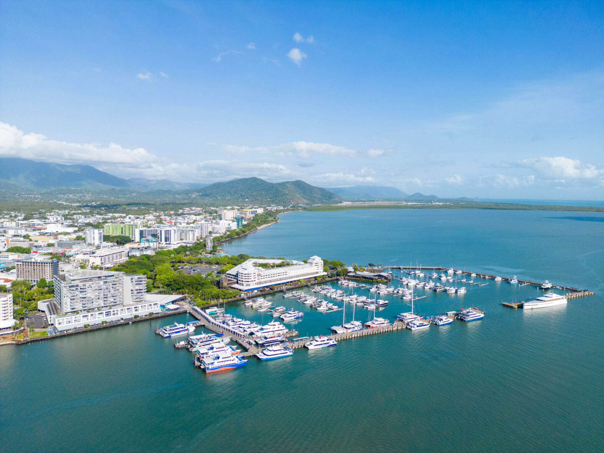Aerial of Cairns city and yacht marina gateway to Great Barrier Reef