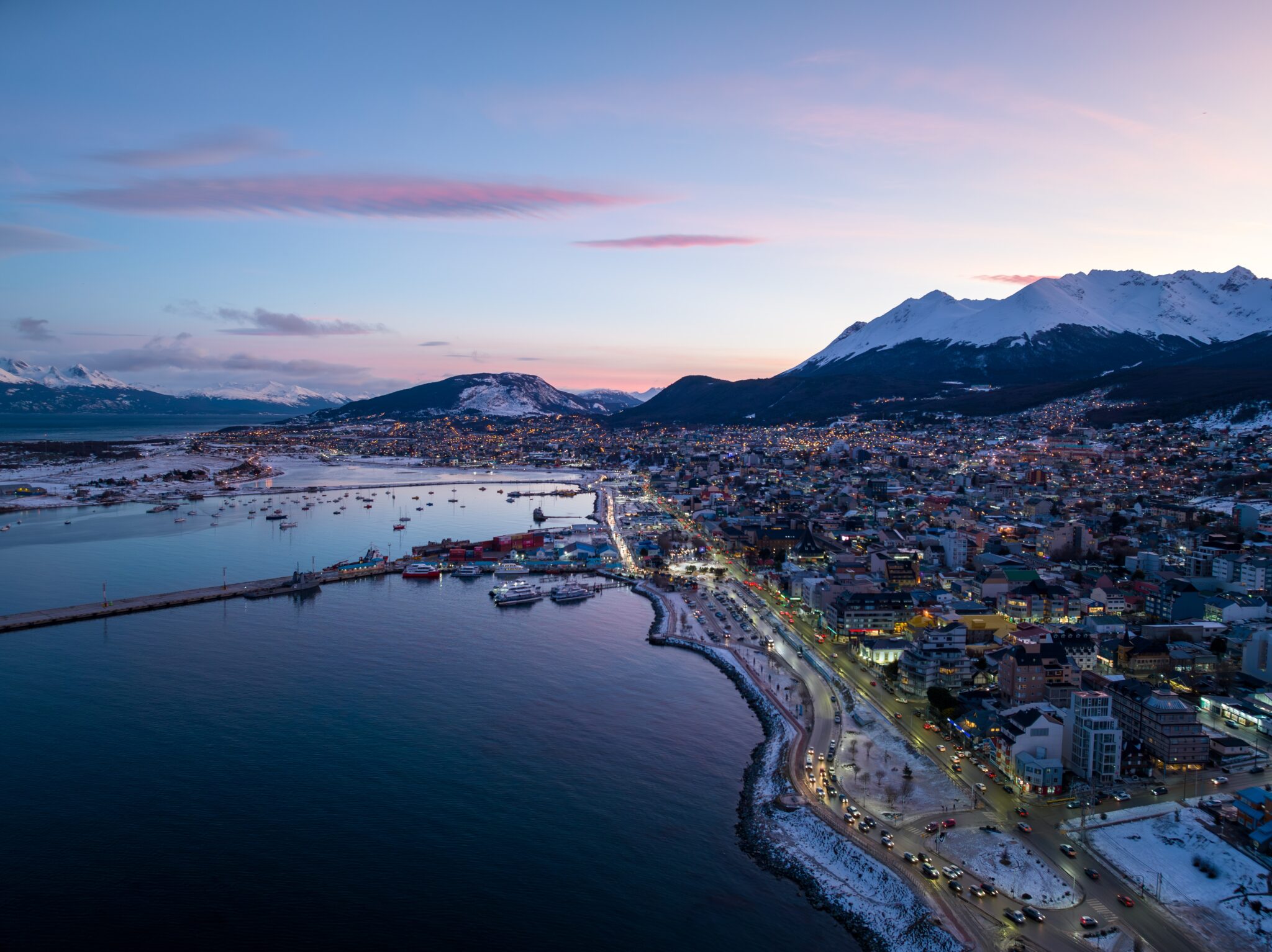 Aerial,View,Of,The,City,Of,Ushuaia,At,Sunset.