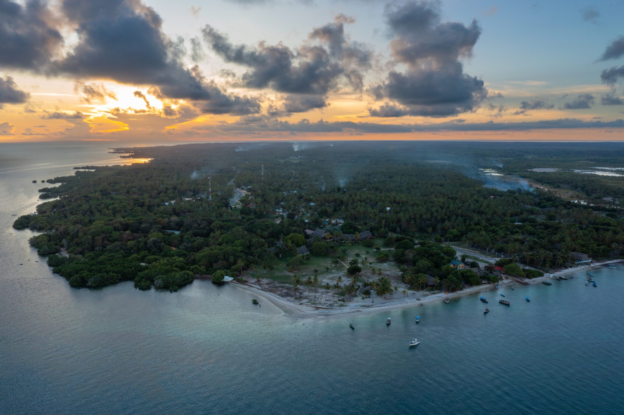 Aerial,View,Of,Tropical,Island,At,Sunset,,With,Coconut,Palm