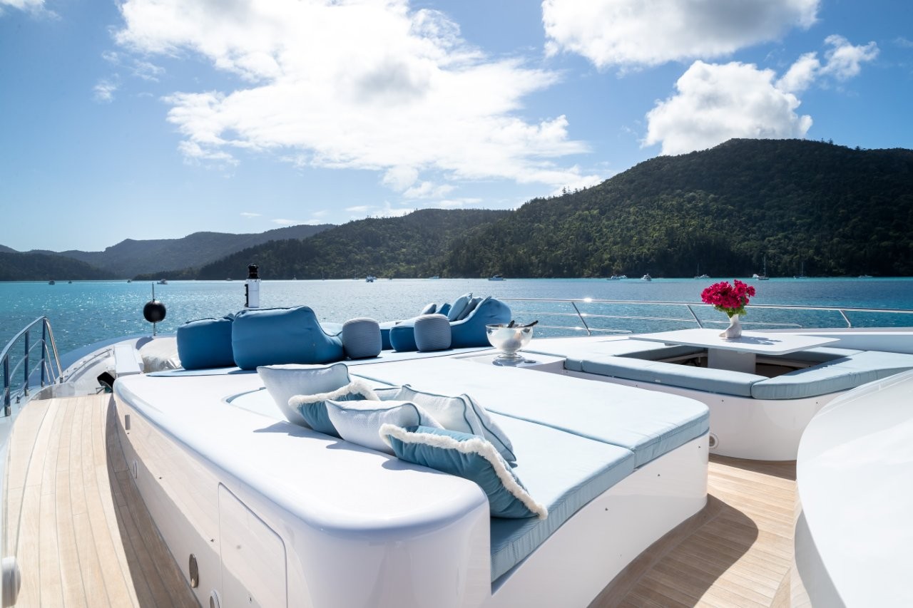 Relax on the bow with sunlounges onboard Superyacht Mischief