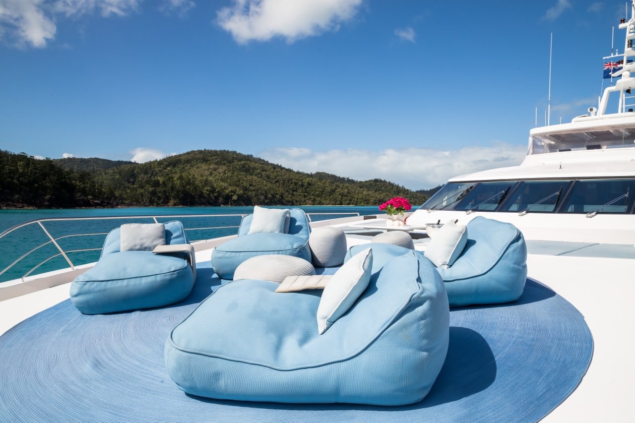 Bow bean bags for relaxing bow onboard Superyacht Mischief
