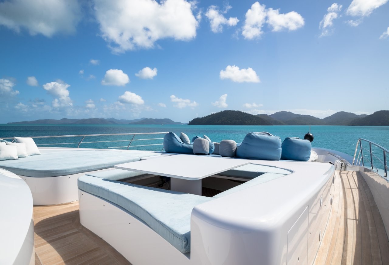 Bow with sunlounges onboard Superyacht Mischief