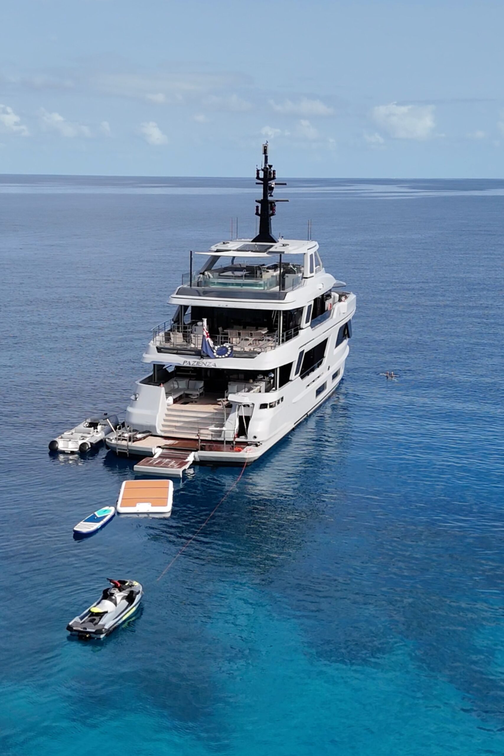 Luxury Superyacht Pazienza complete with onboard Jacuzzi, Sauna and selection of water activities.