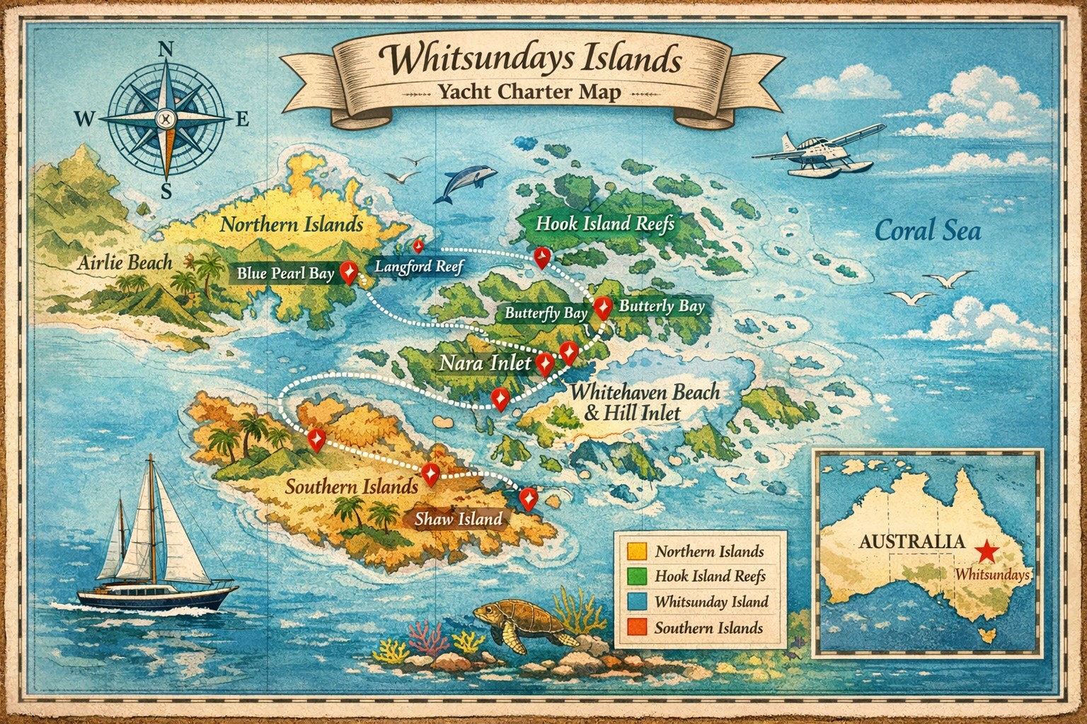 Whitsunday Islands Map of Luxury Yacht Charter Anchorages & Itinerary